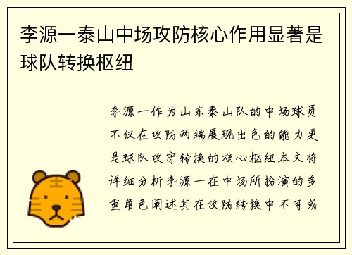 李源一泰山中场攻防核心作用显著是球队转换枢纽